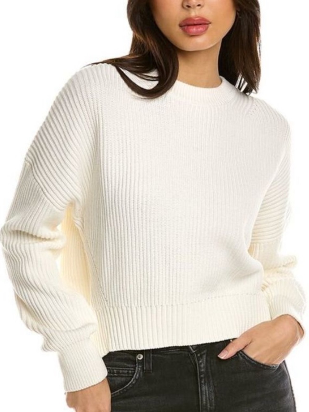 Michael Stars Ivory Crewneck Fisherman Ribbed Cotton Knit Sweater